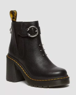 Heeled Boots|Chelsea Boots>Dr. Martens Spence Piercing Leather Flared Heel Chelsea Boots Black — Milled Nappa