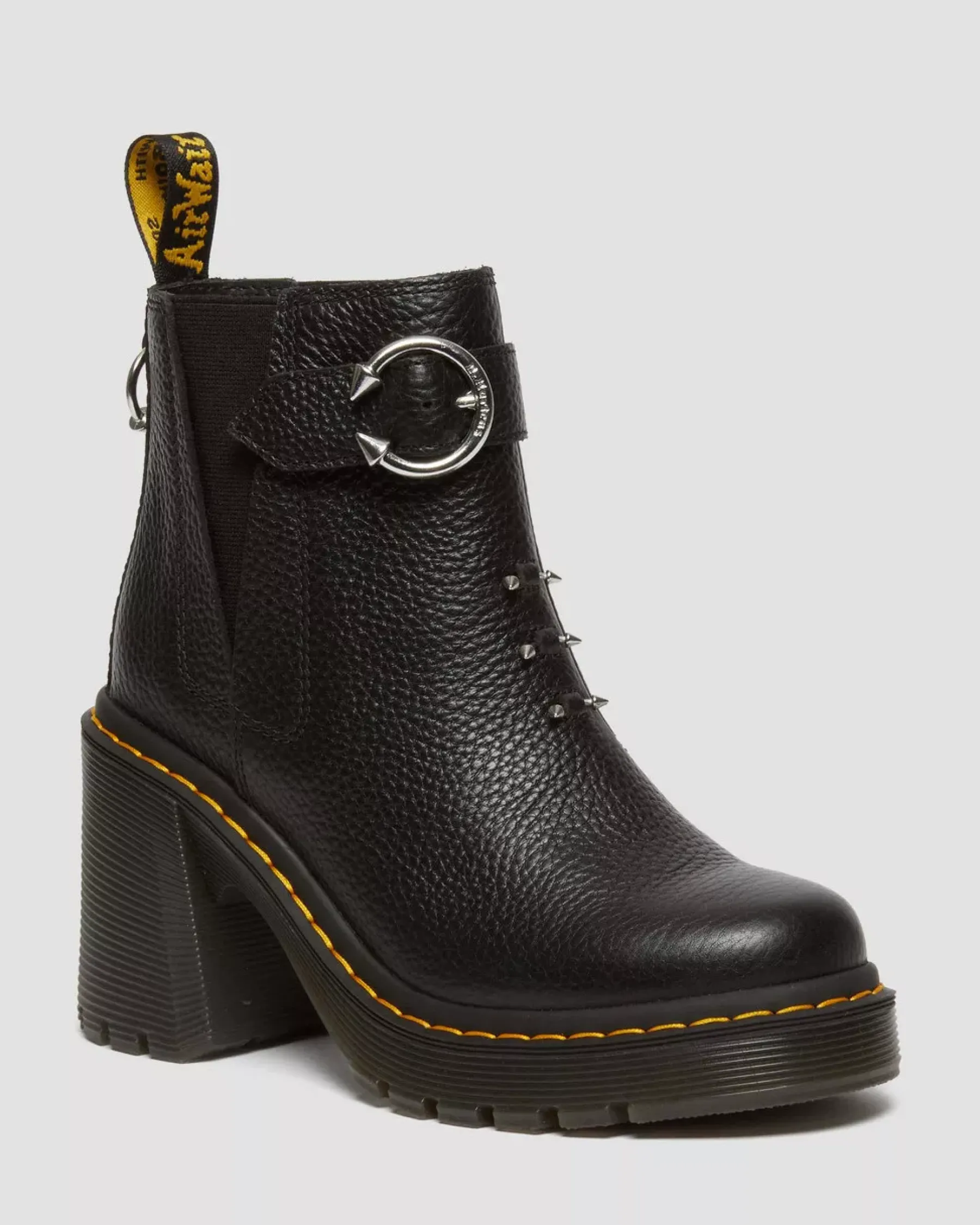 Heeled Boots|Chelsea Boots>Dr. Martens Spence Piercing Leather Flared Heel Chelsea Boots Black — Milled Nappa