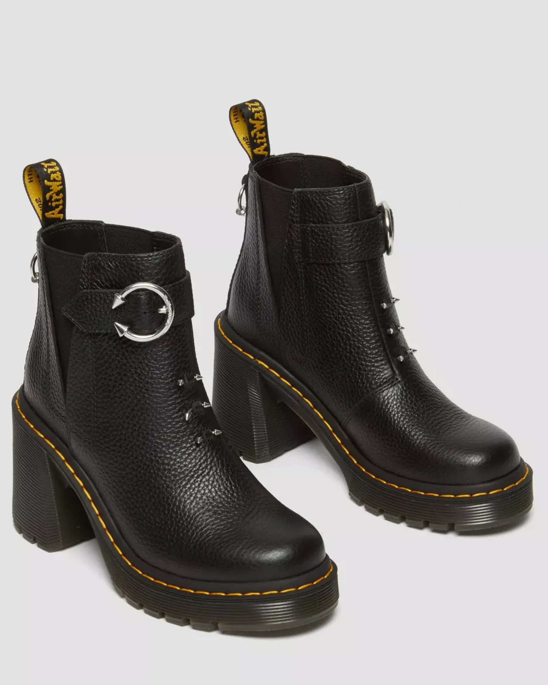 Heeled Boots|Chelsea Boots>Dr. Martens Spence Piercing Leather Flared Heel Chelsea Boots Black — Milled Nappa