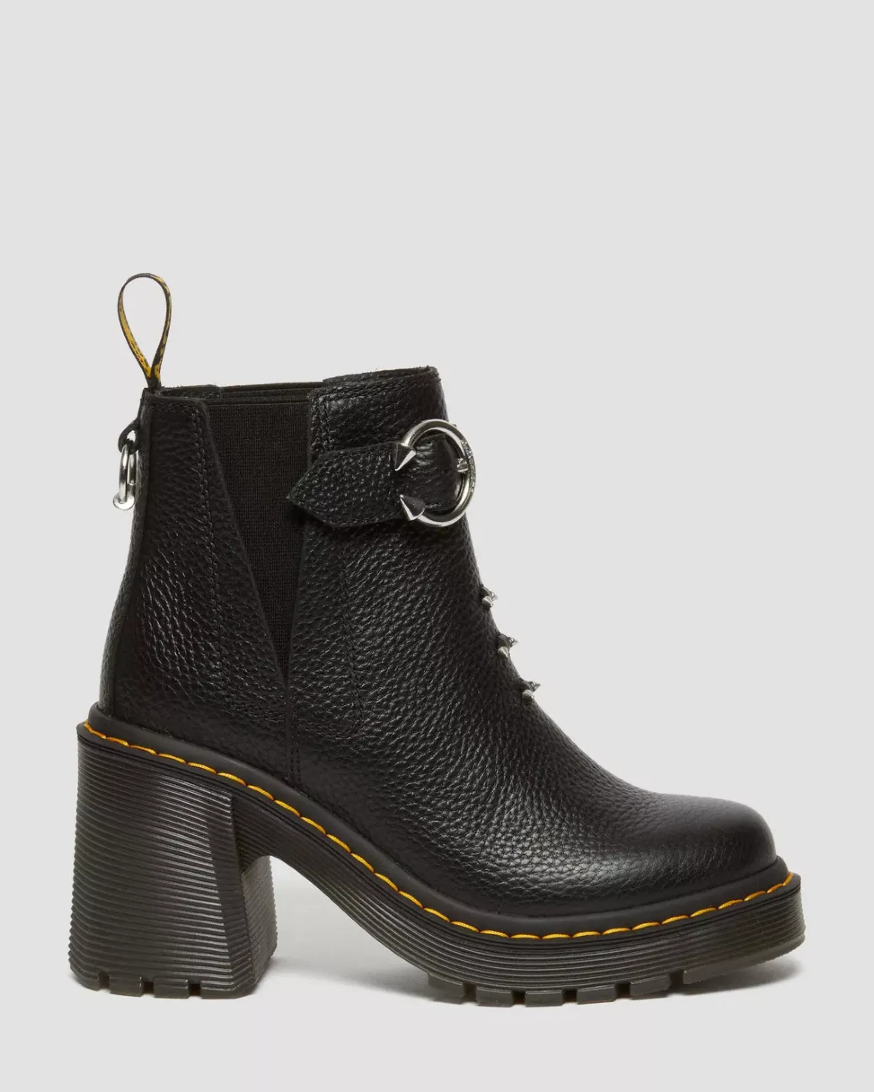 Heeled Boots|Chelsea Boots>Dr. Martens Spence Piercing Leather Flared Heel Chelsea Boots Black — Milled Nappa