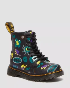 Sale|Toddler / 2-4 Years>Dr. Martens Toddler 1460 Sticker Print Leather Lace Up Boots BLACK — Sticker Print Hydro