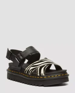 Platforms|Sandals>Dr. Martens Voss II Hair-On Zebra Print Sandals BLACK+COW PRINT