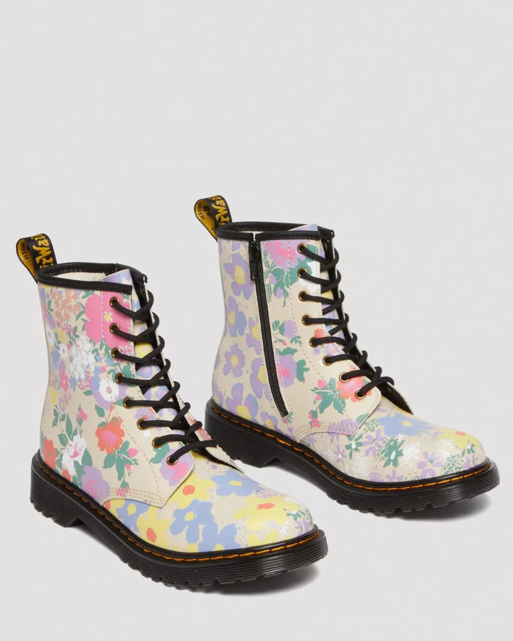 Sale|School Styles>Dr. Martens Youth 1460 Floral Mash Up Leather Lace Up Boots Parchment Beige — Floral Mash Up K Hydro
